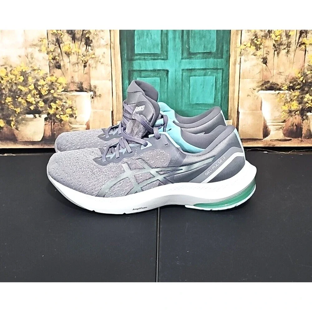 SHOES- ASICS GEL-PULSE 13 RUNNING SHOES- WOMANS SIZE - 11 GRAY/AQUA- PREOWNED